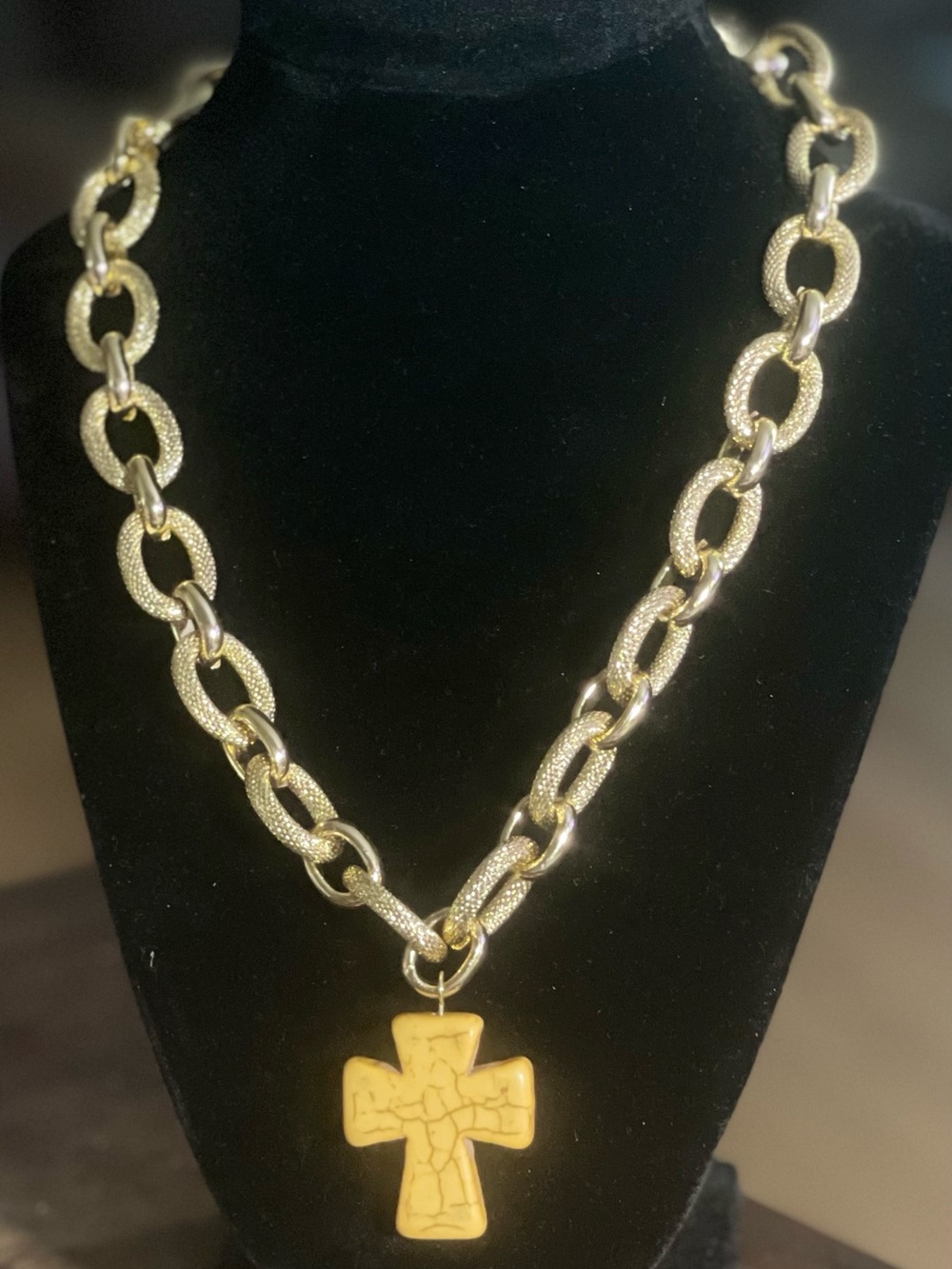 Gold Link Chain Necklace with Yellow Cross Pendant - Women's Jewelry